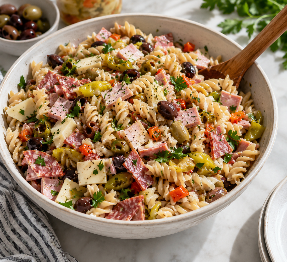 High Protein Muffuletta Pasta Salad