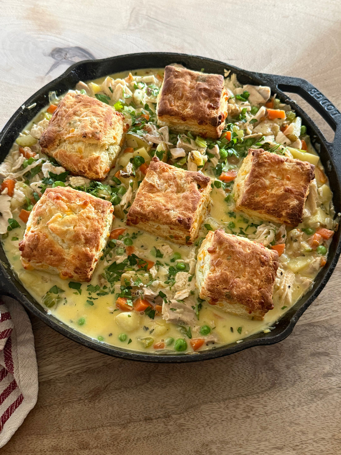 Chicken Pot Pie Skillet with Gluten Free Biscuits